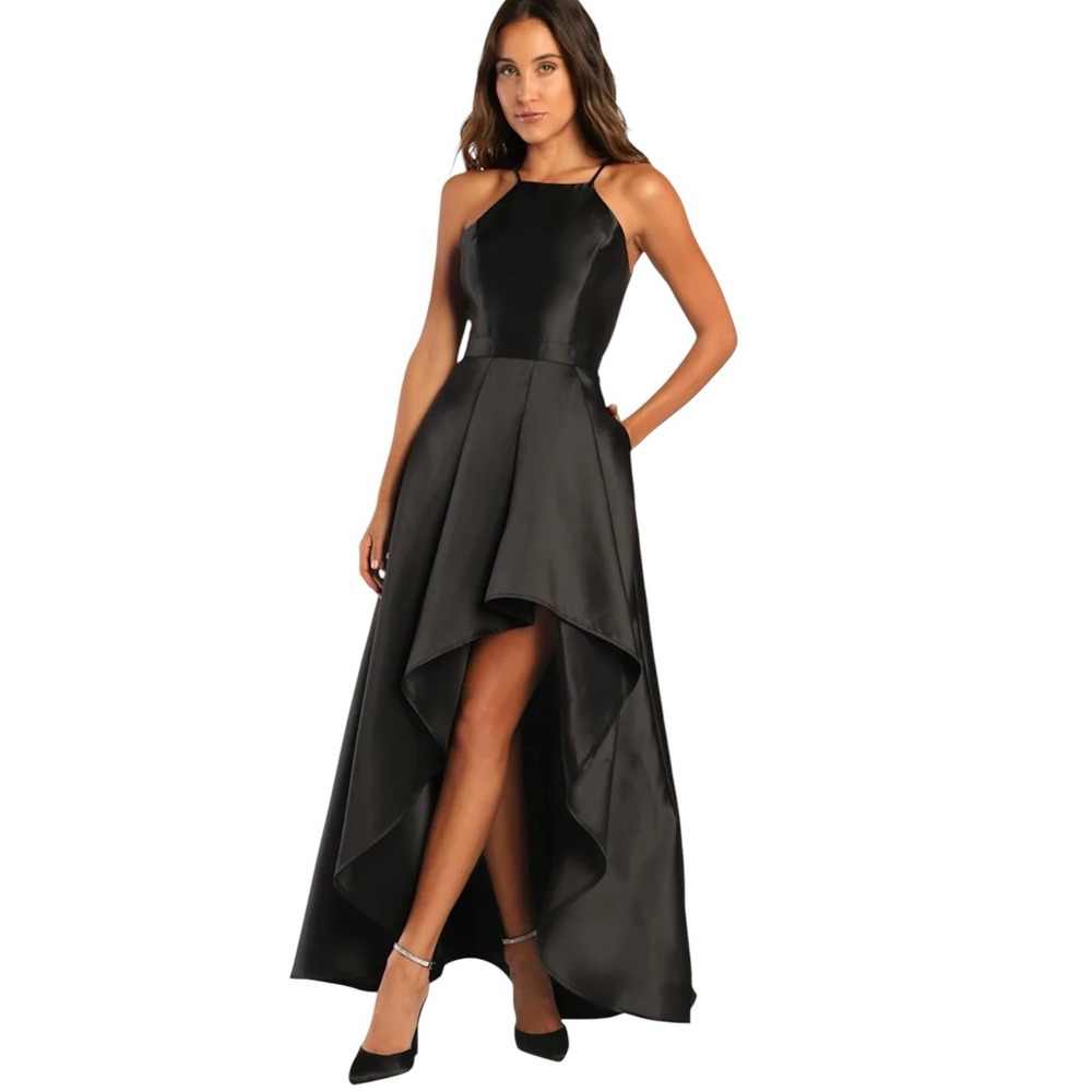 Lulus Broadway Show Satin High-Low Gown in Black Women's Size Medium Beautiful